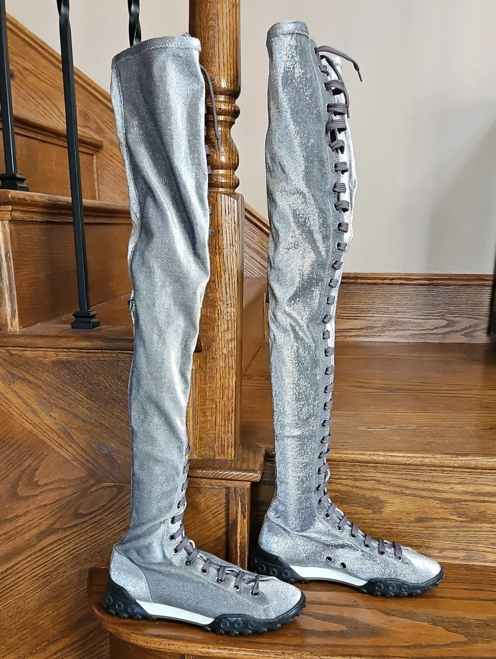 Emporio Armani Over-the-Knee Lace-Up Grey Metallic Sneaker Boots